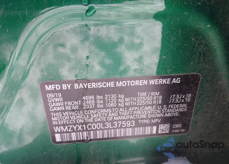 2020 Mini Countryman Cooper S из США, поврежденный, VIN WMZYX1C00L3L37593